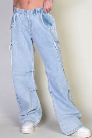 Denim Cargo Pants - Relaxed Fit with Elastic Waist
