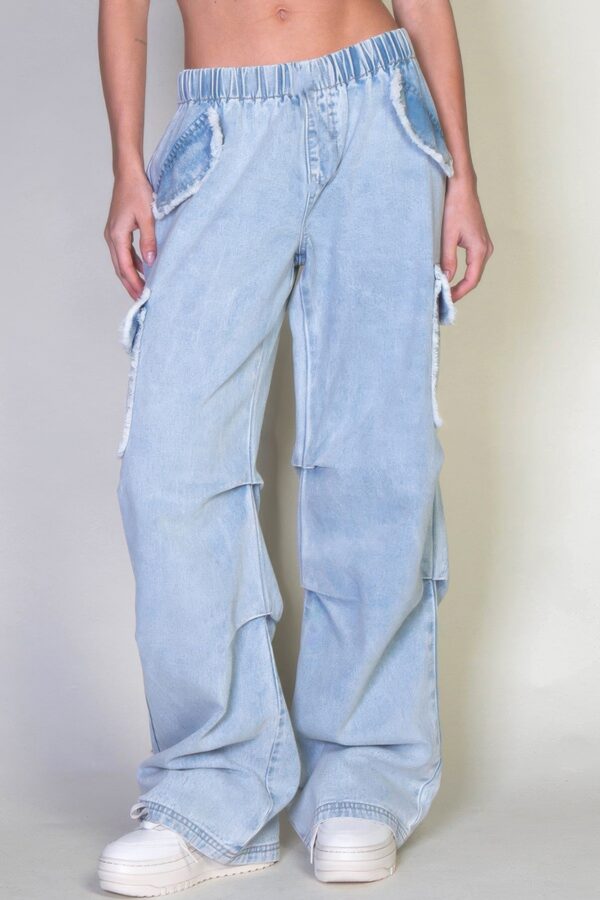 Denim Cargo Pants - Relaxed Fit with Elastic Waist