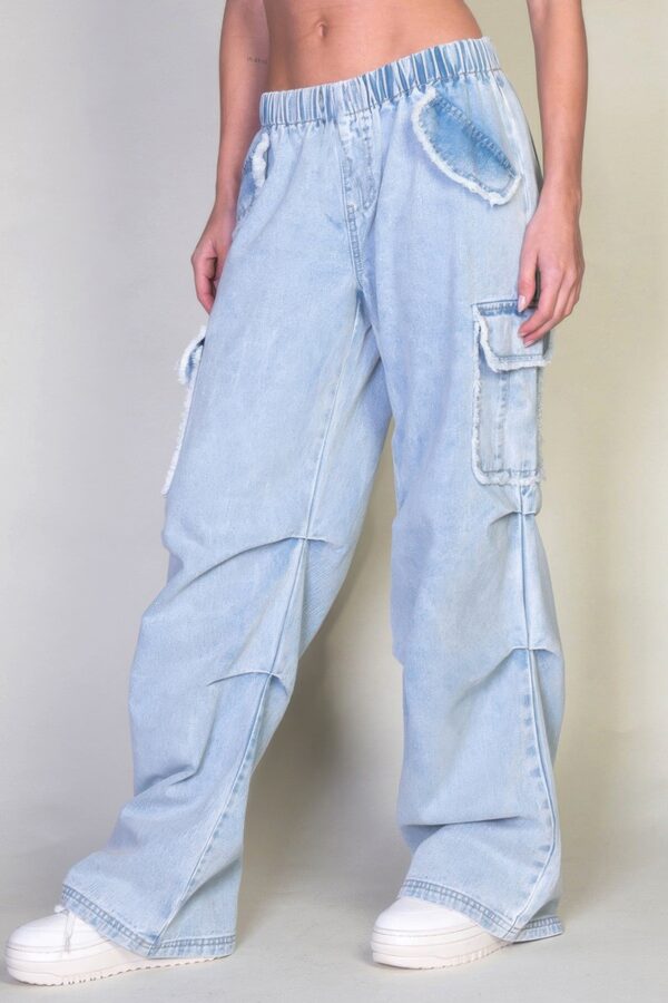 Denim Cargo Pants - Relaxed Fit with Elastic Waist