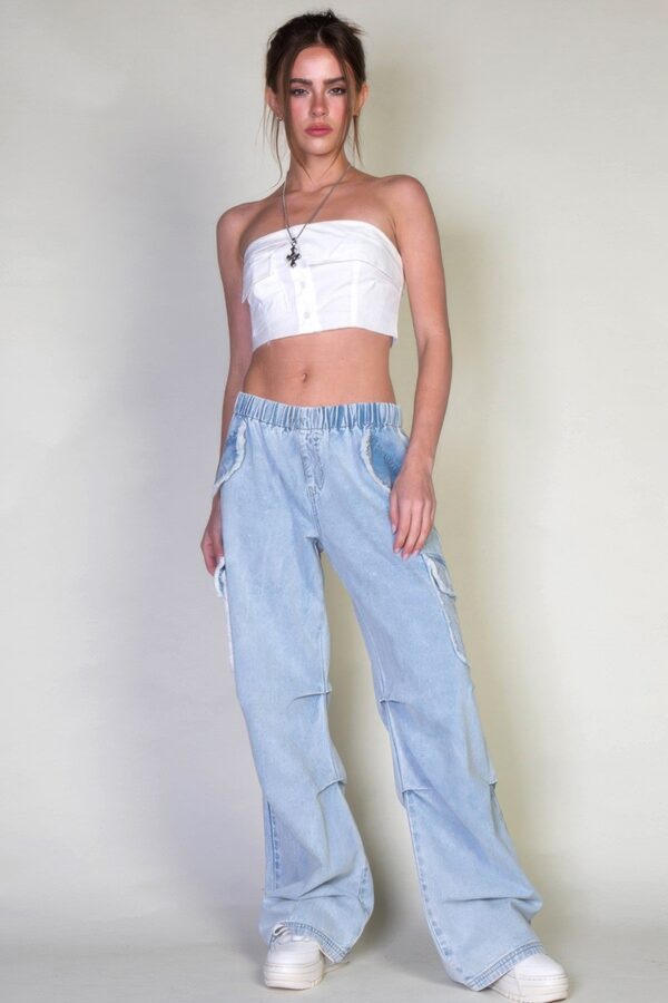 Denim Cargo Pants - Relaxed Fit with Elastic Waist