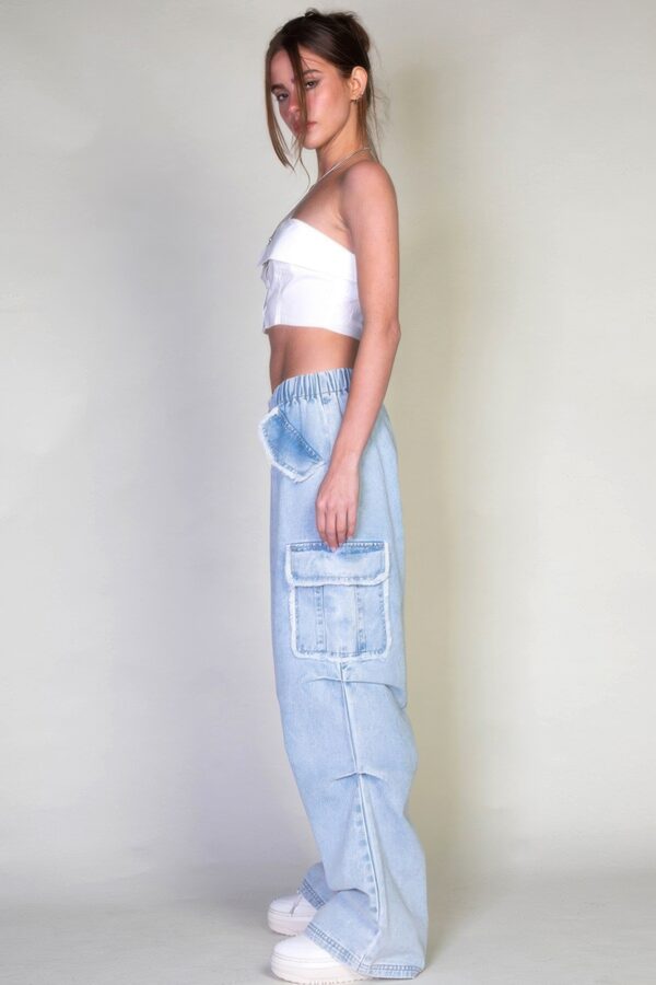 Denim Cargo Pants - Relaxed Fit with Elastic Waist