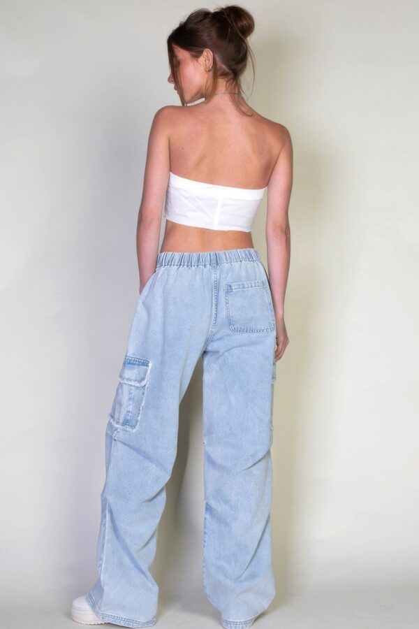 Denim Cargo Pants - Relaxed Fit with Elastic Waist