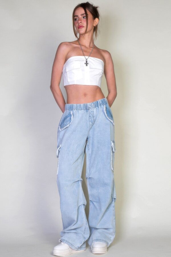 Denim Cargo Pants - Relaxed Fit with Elastic Waist