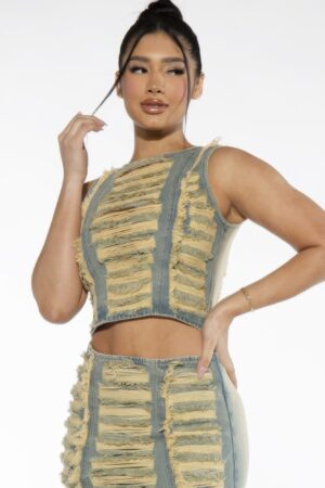 Vintage-Washed Frayed Ripped Denim Crop Top