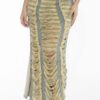 Shredded Distressed Denim Maxi Skirt - High Side Slit