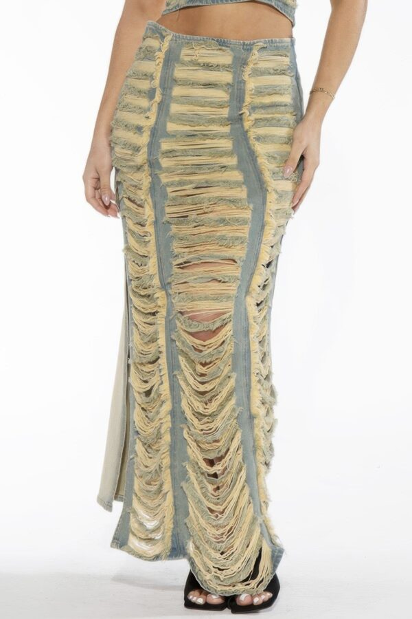 Shredded Distressed Denim Maxi Skirt - High Side Slit