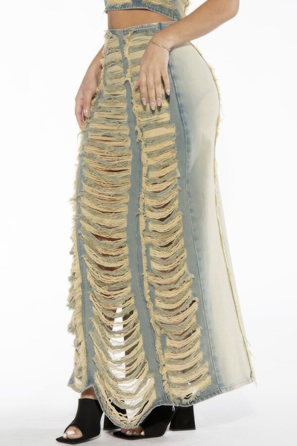 Shredded Distressed Denim Maxi Skirt - High Side Slit
