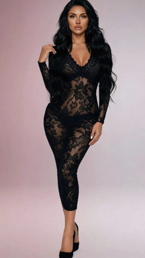 Into You Sheer Floral Lace Bodystocking - Deep V Midi