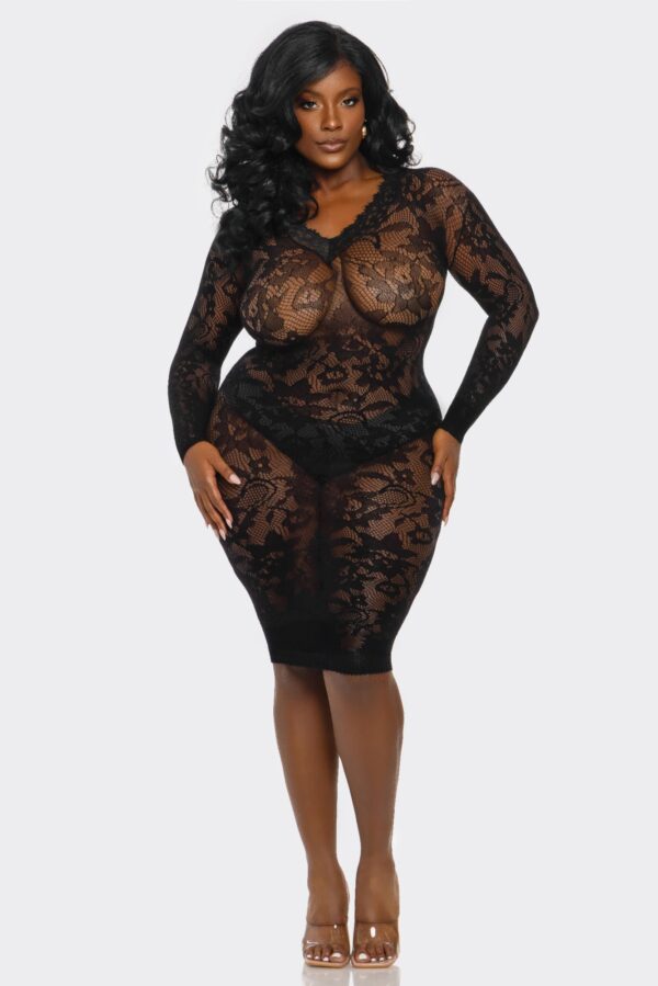 Into You Sheer Floral Lace Bodystocking - Deep V Midi