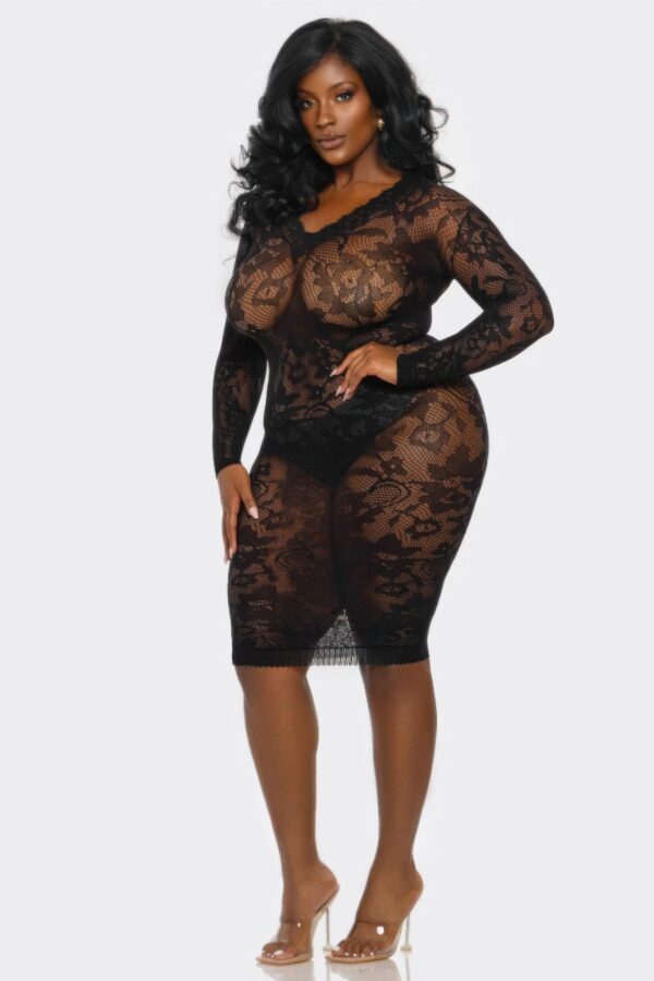 Into You Sheer Floral Lace Bodystocking - Deep V Midi