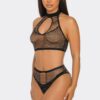 Two-Piece Glitter Mesh Halter Bodystocking Set