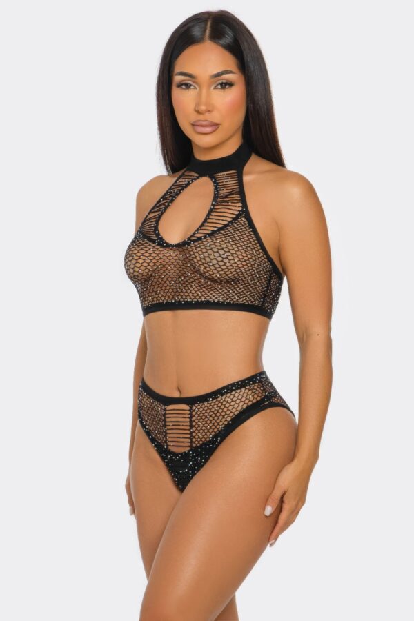 Two-Piece Glitter Mesh Halter Bodystocking Set