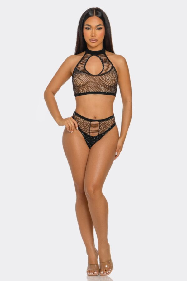 Two-Piece Glitter Mesh Halter Bodystocking Set