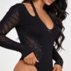 Halter Rhinestone Bodysuit with Striped Mesh