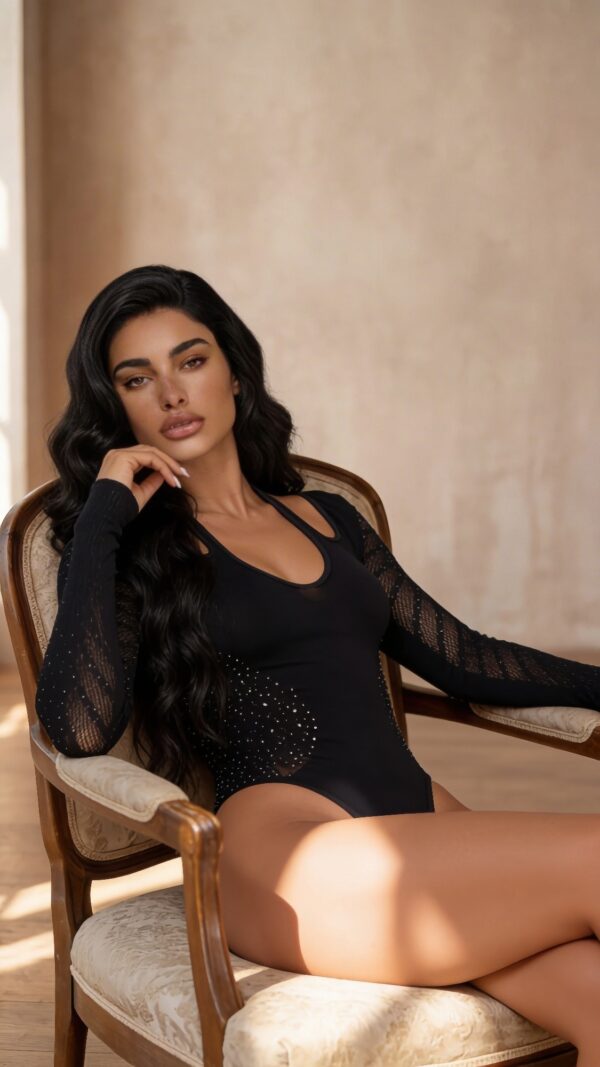 Halter Rhinestone Bodysuit with Striped Mesh