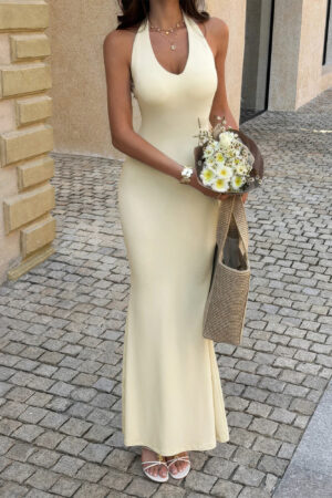 V-Neck Halter Maxi Dress with Back Slit