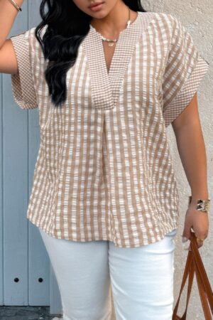 Plus Size V-Neck Plaid Patchwork Blouse - Textured Finish