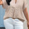 Plus Size V-Neck Plaid Patchwork Blouse - Textured Finish