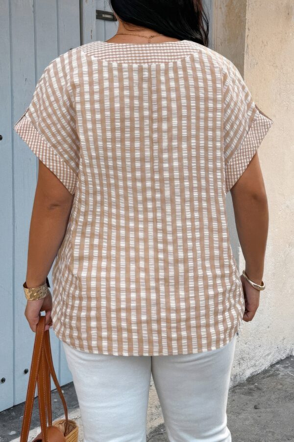 Plus Size V-Neck Plaid Patchwork Blouse - Textured Finish