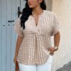 Plus Size V-Neck Plaid Patchwork Blouse - Textured Finish
