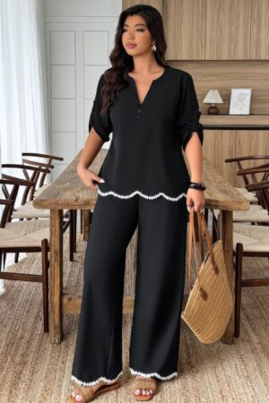 Plus-Size Two-Piece Set with Contrast Ruffle Trim