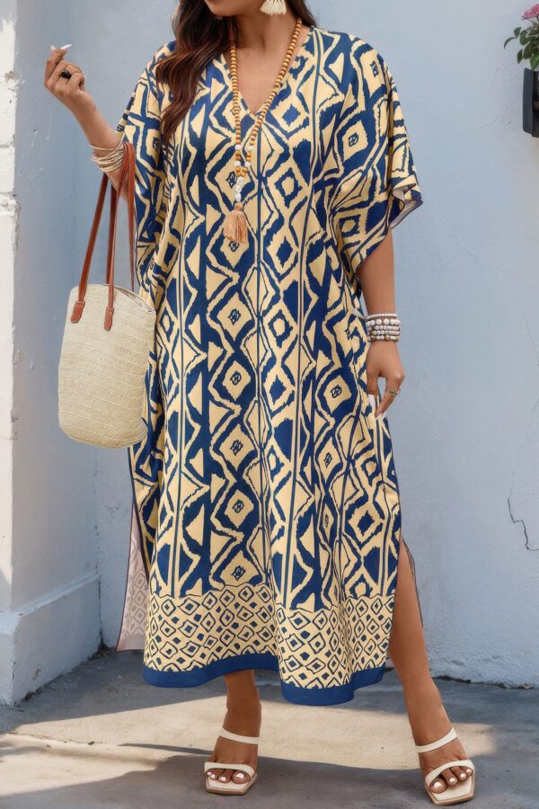 Plus-Size Printed V-Neck Dress with Front Split