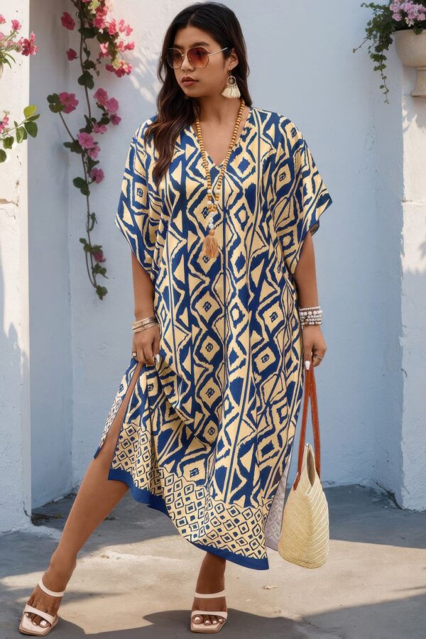 Plus-Size Printed V-Neck Dress with Front Split