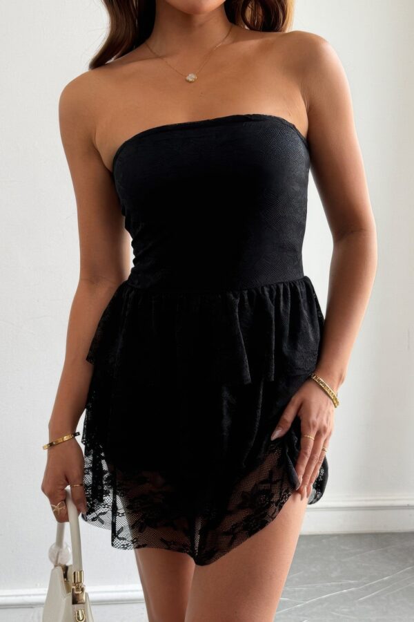 Off-Shoulder Lace Ruffle Strapless Mini Dress
