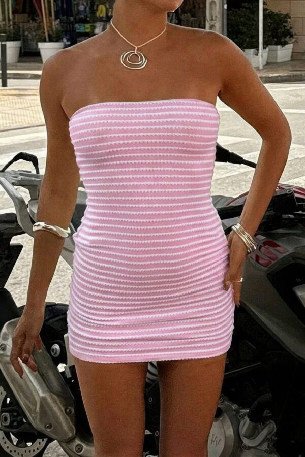 Striped Textured Strapless Mini Dress - Fitted Silhouette
