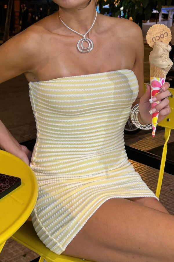 Striped Textured Strapless Mini Dress - Fitted Silhouette