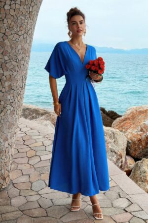 Pleated Batwing Sleeve A-Line Maxi Dress