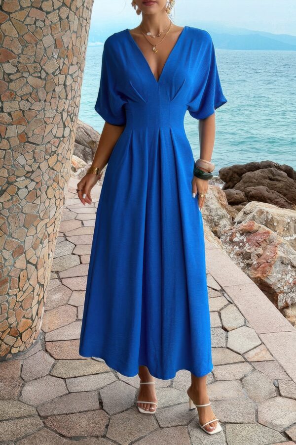 Pleated Batwing Sleeve A-Line Maxi Dress