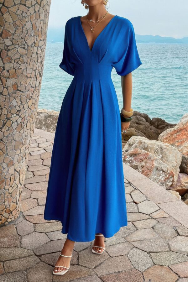 Pleated Batwing Sleeve A-Line Maxi Dress