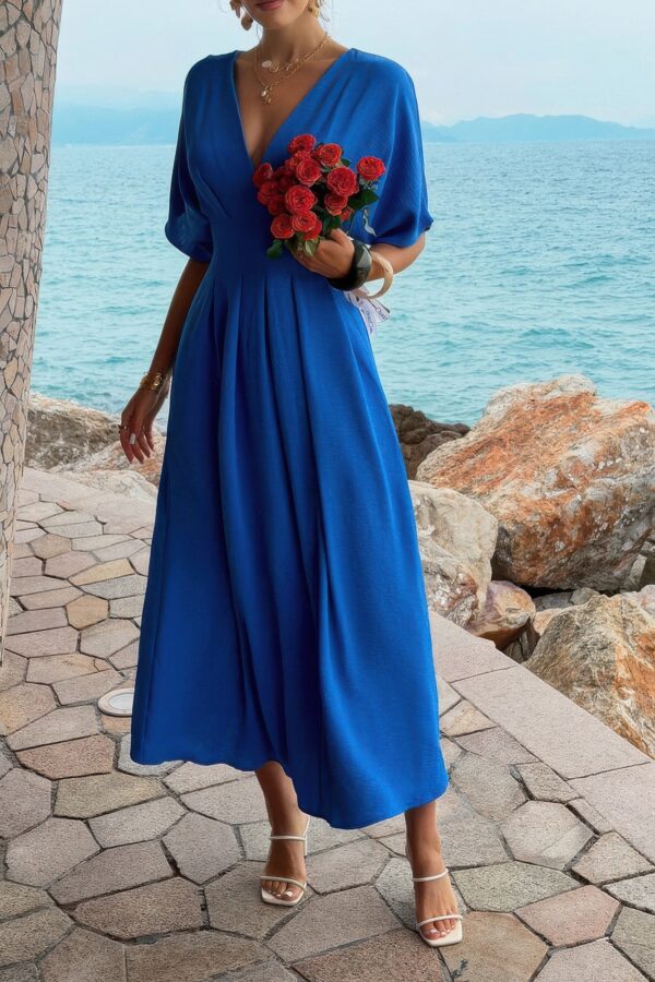 Pleated Batwing Sleeve A-Line Maxi Dress
