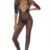 Floral Lace-Up Bodystocking - Plunging Neckline