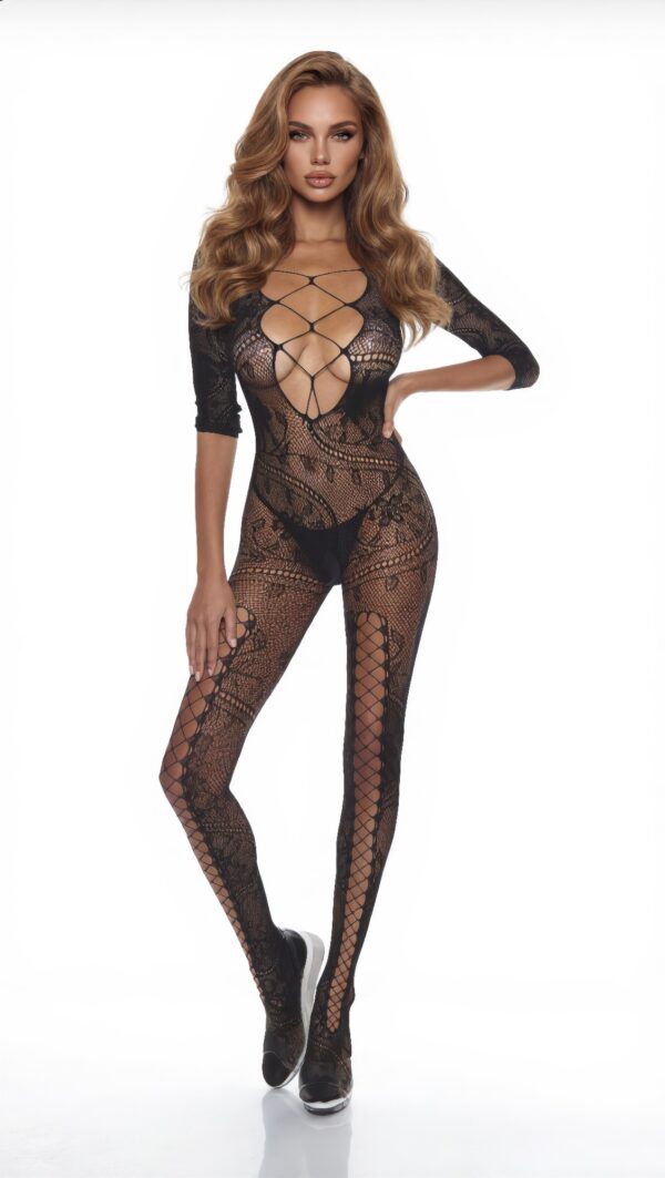 Floral Lace-Up Bodystocking - Plunging Neckline