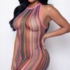 Sheer Rainbow Halter Minidress with Color-Block Trim