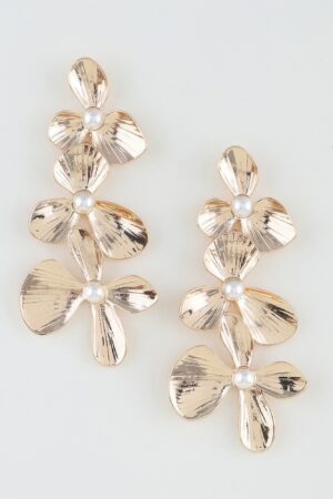 Triple Flower Ribbed Drop Earrings with Pearl Centers