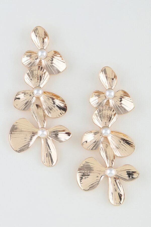 Triple Flower Ribbed Drop Earrings with Pearl Centers