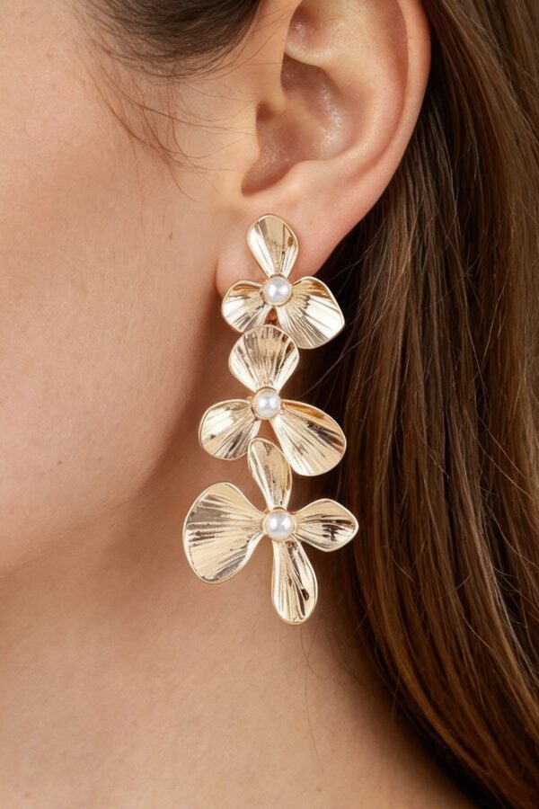 Triple Flower Ribbed Drop Earrings with Pearl Centers