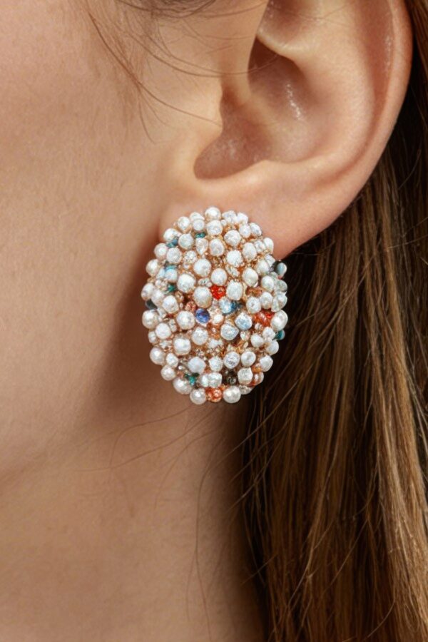 Bejeweled Dome Stud Earrings with Pearls & Multicolor Crystals