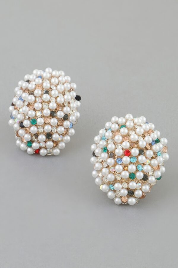 Bejeweled Dome Stud Earrings with Pearls & Multicolor Crystals