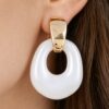 White Stone Hoop Drop Earrings with Gold-Tone Bar