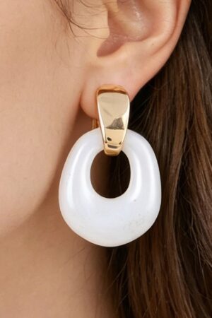 White Stone Hoop Drop Earrings with Gold-Tone Bar