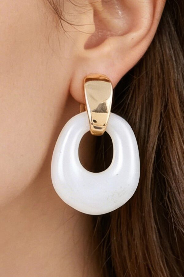 White Stone Hoop Drop Earrings with Gold-Tone Bar