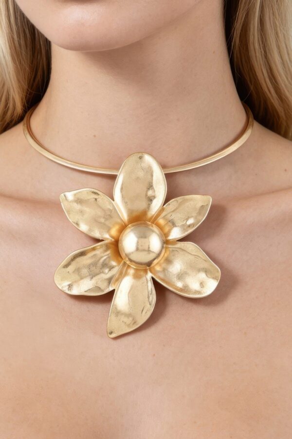 Hammered Flower Choker - Textured Five-Petal Pendant