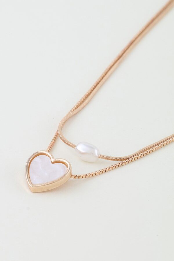 Double Chain Necklace with Heart Pendant - Dainty Layered