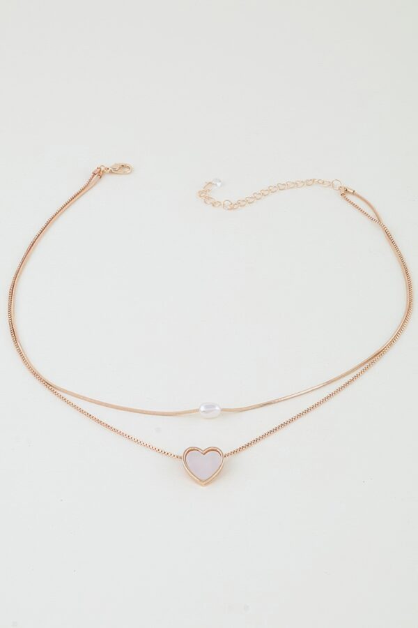 Double Chain Necklace with Heart Pendant - Dainty Layered