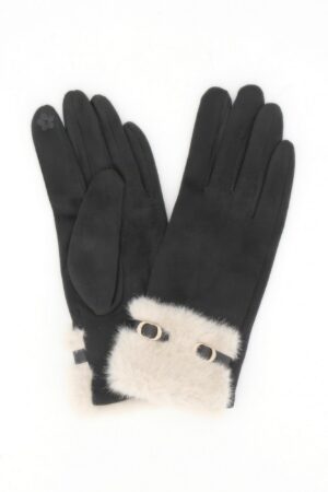 Touchscreen Faux Suede Gloves with Faux Fur Cuff & Buckle