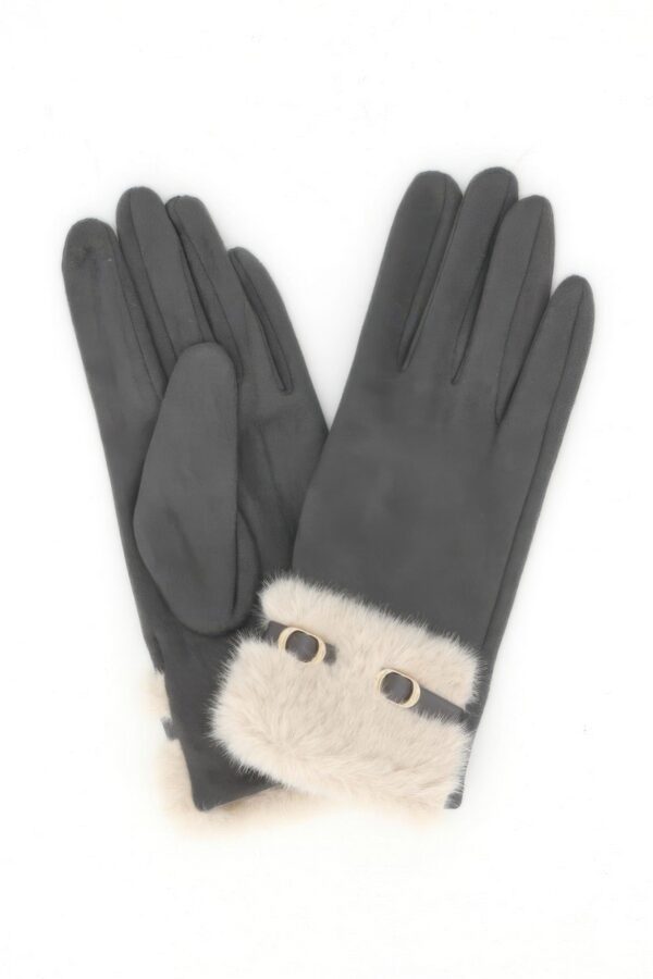 Touchscreen Faux Suede Gloves with Faux Fur Cuff & Buckle
